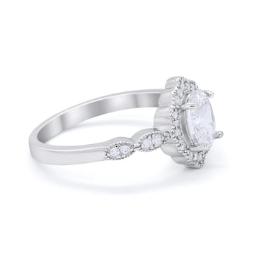 Halo Art Deco Oval Engagement Bridal Ring Simulated Round CZ 925 Sterling Silver